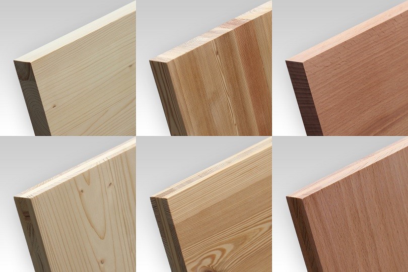 6 verschiedene Holzarten im Vergleich zueinander. Das Bild iist in 6 Quadrate unterteilt, in denen jeweils eine Ecke einer Holzplatte vor grauem Hintergrund zu sehen ist. Jedes Bild zeigt dabei eine andere Holzart, die sich in Maserung und Farbe unterscheiden.