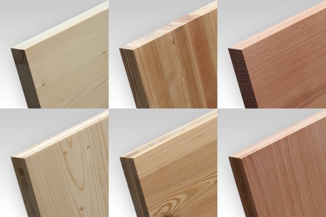 6 verschiedene Holzarten im Vergleich zueinander. Das Bild ist in 6 Quadrate unterteilt, in denen jeweils eine Ecke einer Holzplatte vor grauem Hintergrund zu sehen ist. Jedes Bild zeigt dabei eine andere Holzart, die sich in Maserung und Farbe unterscheiden.
