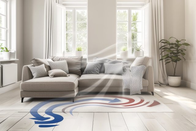 Schematische Darstellung einer Lüftungs-Situation: In einem Wohnzimmer steht eine Couch vor mehreren Fenstern. Eines davon ist geöffnet und grafische Wellenlinien zeigen den Luftaustausch an. Am Boden ist eine Fußbodenheizung mit blauen und roten Linien dargestellt, die Einfluss auf den Luftaustausch nimmt.