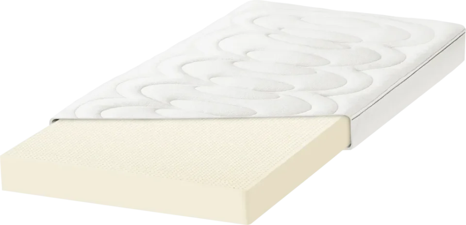 Schematisches Bild einer Vollkern-Naturlatext-Matratze, freigestellt. Der weiße Bezug der Matratze ist diagonal abgeschnitten, darunter wird der leicht beige Matratzenkern sichtbar.