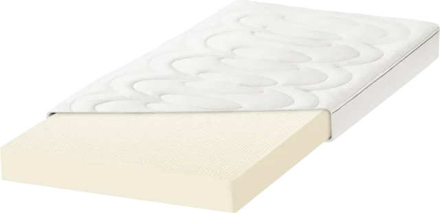 Schematisches Bild einer Vollkern-Naturlatext-Matratze, freigestellt. Der weiße Bezug der Matratze ist diagonal abgeschnitten, darunter wird der leicht beige Matratzenkern sichtbar.