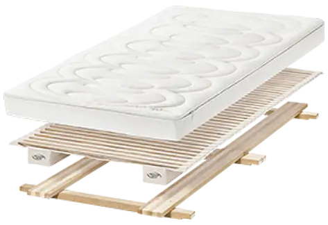 Das Hüsler Nest Futon Bettsystem (schematische Explosions-Darstellung): Auf einem Holzrahmen liegt das Federelement (auf Polstern gelagerte Holzlamellen), darauf eine Matratze in einer gepolsterten Hülle.
