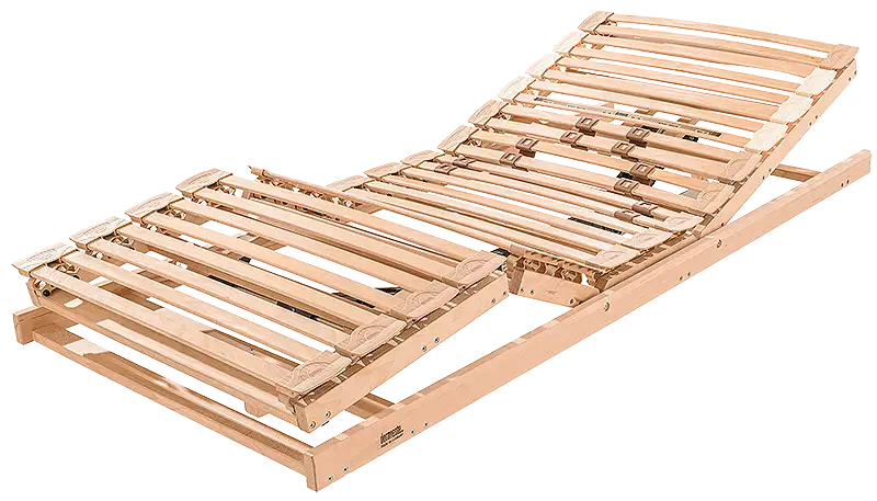 Ein verstellbarer Lattenrost. Sowohl das Kopfende als auch das Fußende sind nach oben geklappt, das Fußende sogar über 2 Scharniere