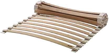 Ein einfacher Rollrost, etwa zur Hälfte ausgerollt: Die einzelnen, leicht gebogenen Holzlamellen werden durch ein Stoffband mit Taschen zusammengehalten, so dass sie sich gleichmäßig ausrollen lassen.